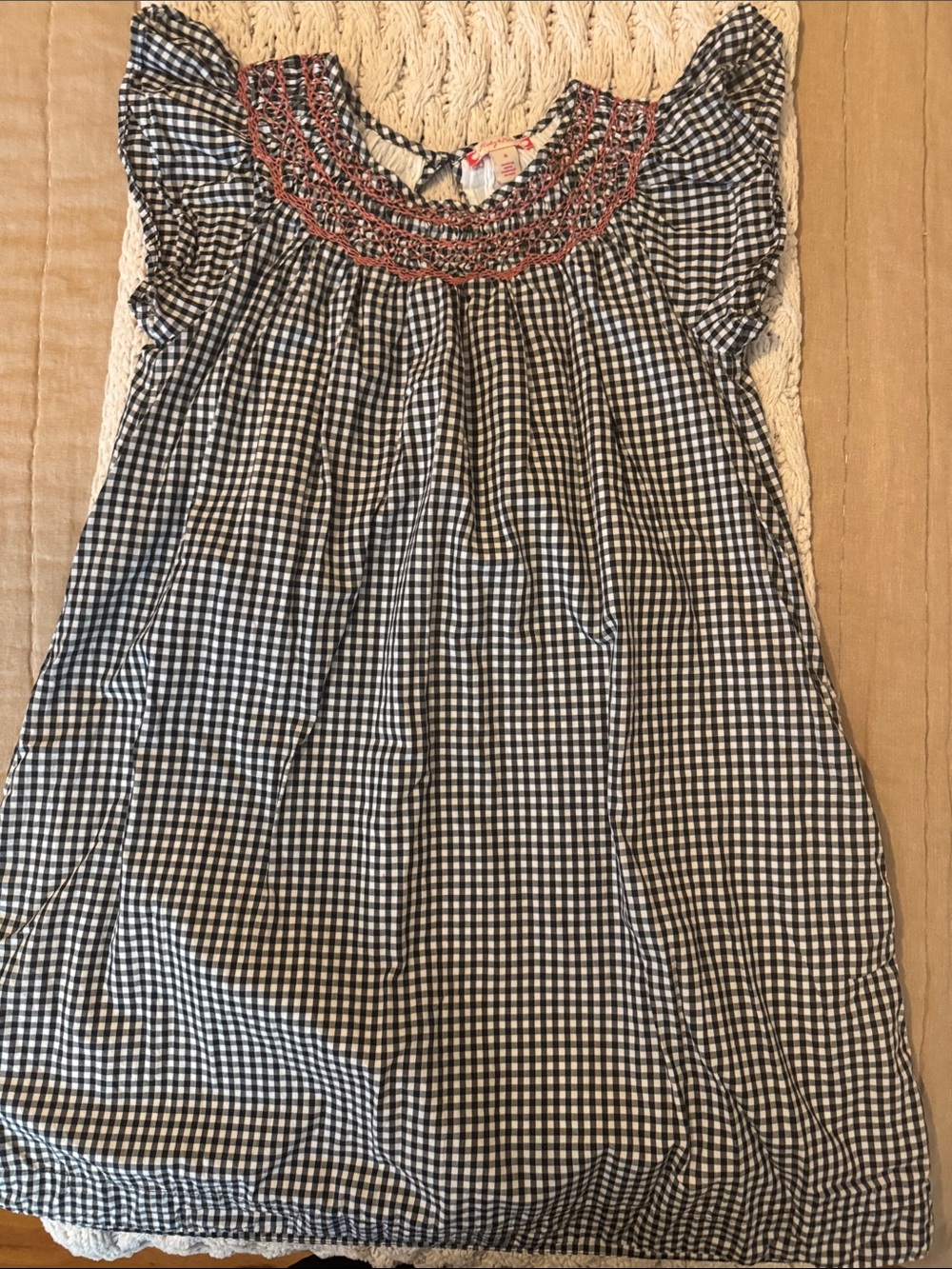 ruby & bloom Black and White Gingham Dress with Coral Embroidered Neckline